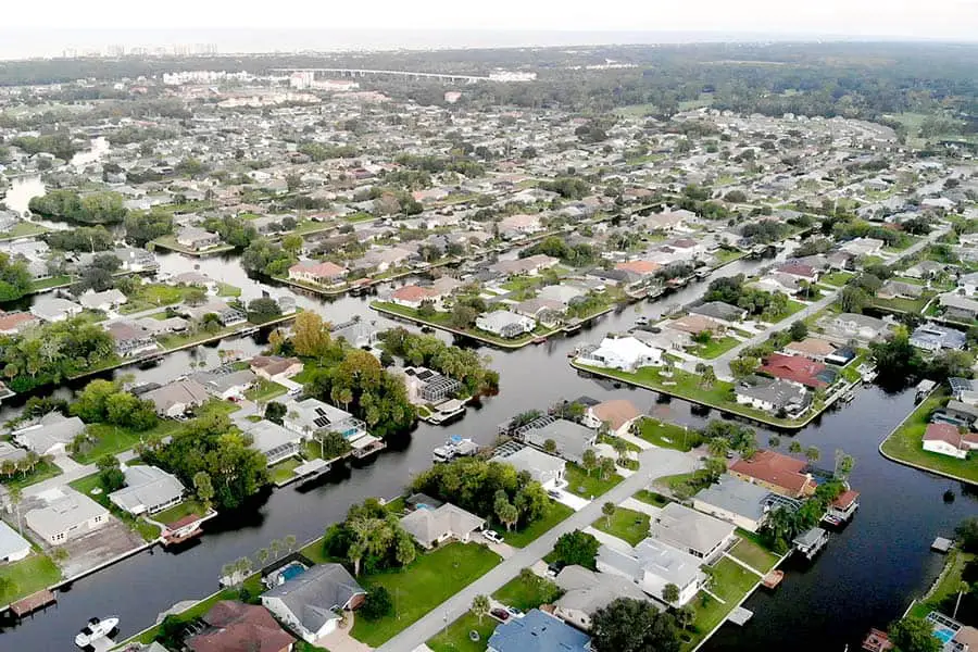 Aerial view of houses and flood canals