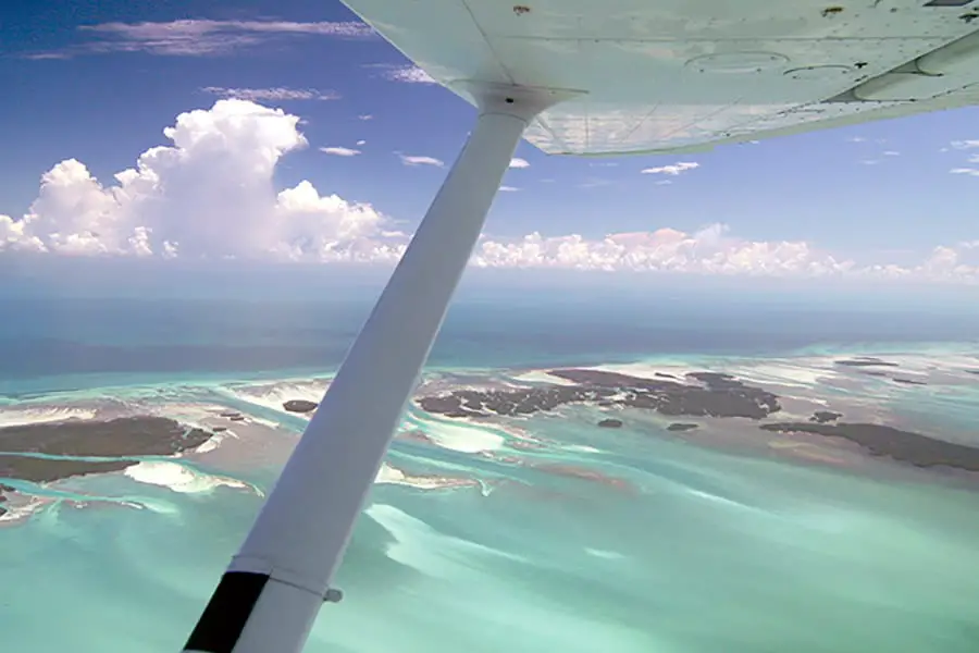 View out airplane window of Florida Keys