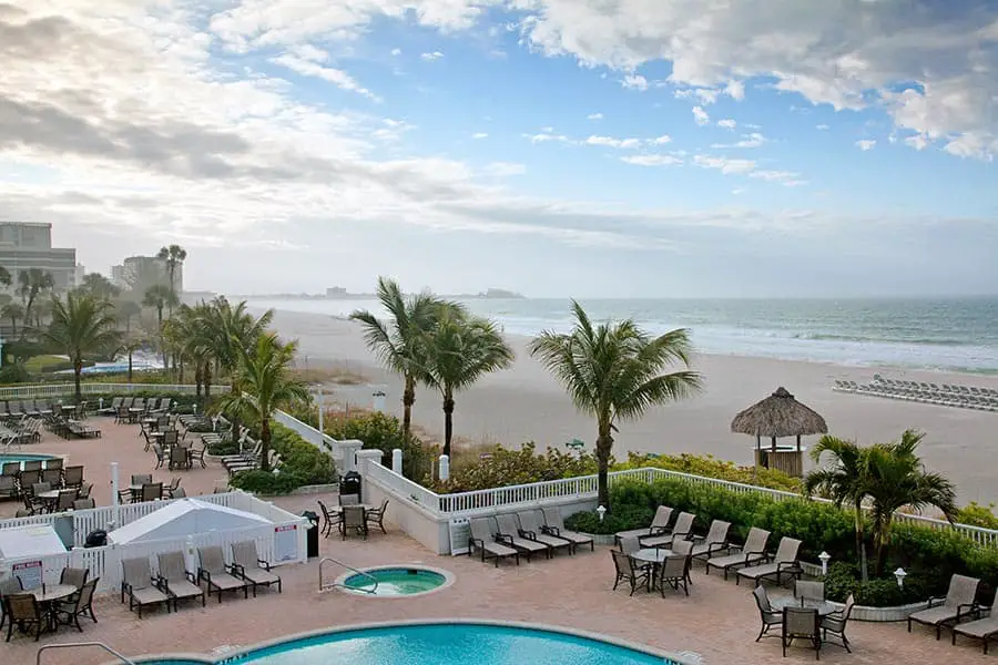 Lido Key Beach and pool area empty during rain storm