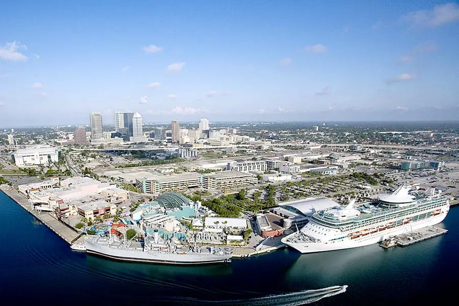 Cruise ship at the Port of Tampa Bay, city in background