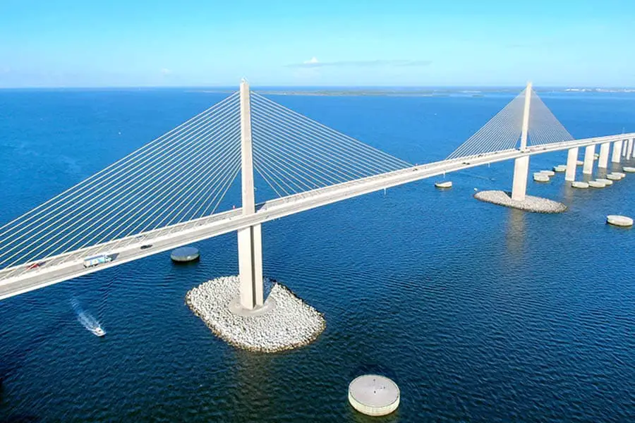 Birdseye view of the towers and cables on the Sunshine Skyway Bridge