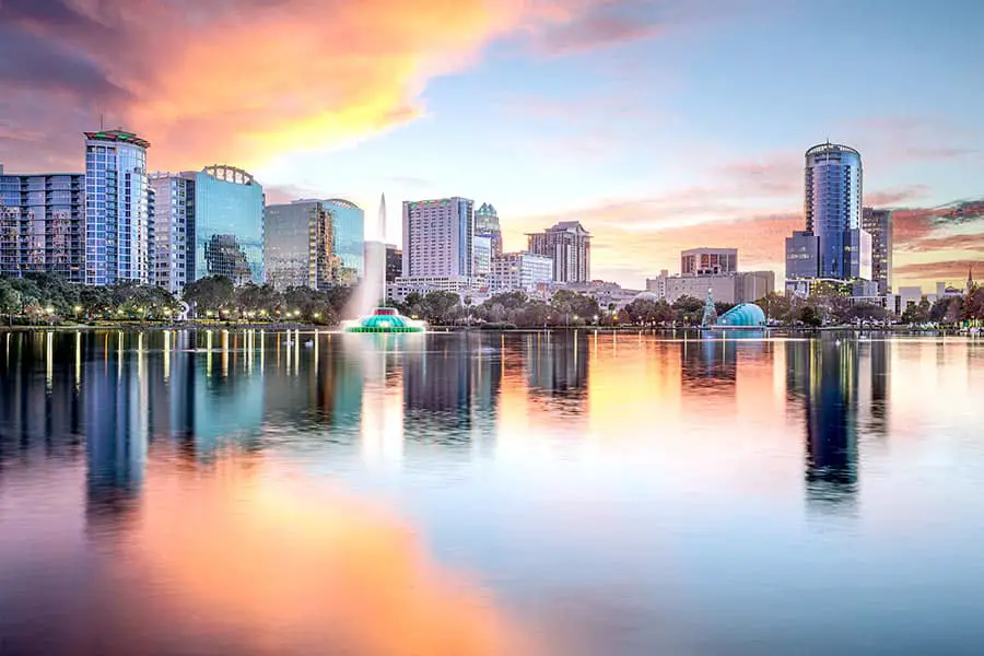 Skyline of Orlando, Florida reflected in water