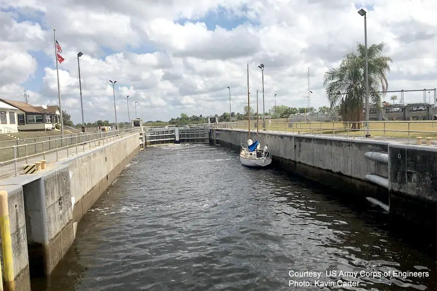 Sailboat in the Ortona Lock on the Okeechobee Waterway