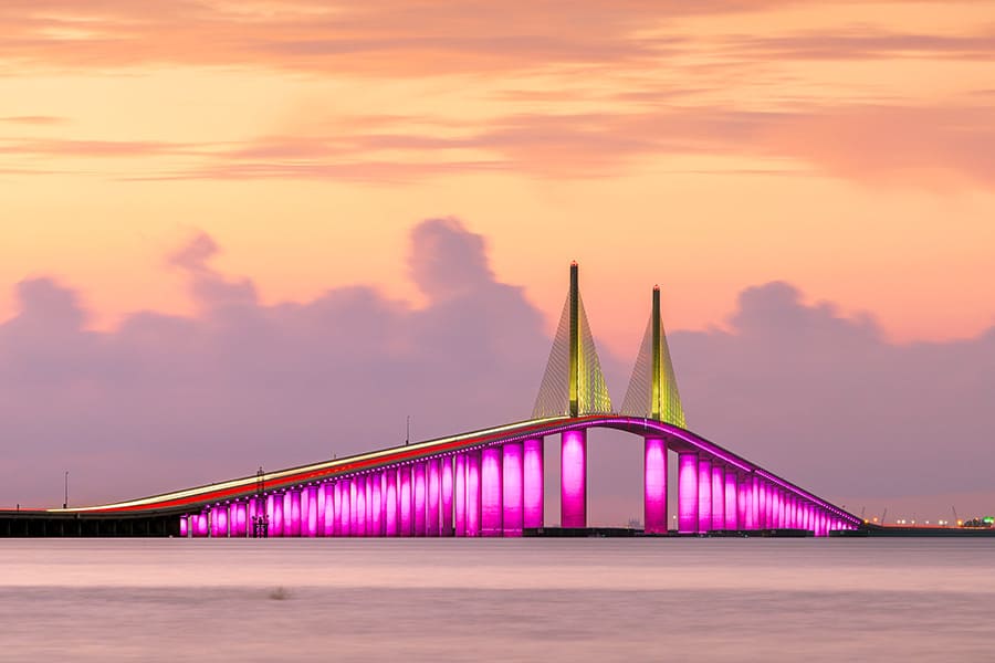 Sunshine Skyway Bridge lit with purple lights