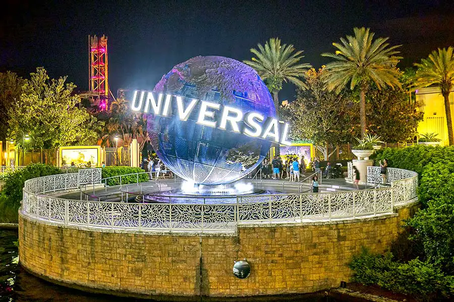 Universal Studios Globe lit at night