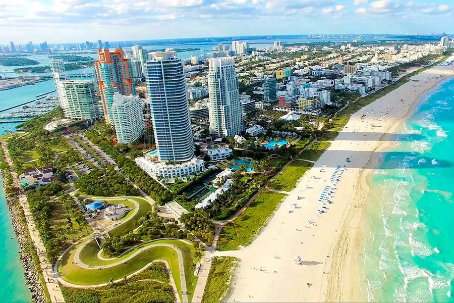 Birdseye view of Miami Beach coastline and hotels