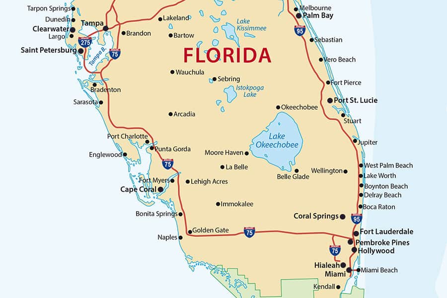 South Florida map showing the location of Lake Okeechobee