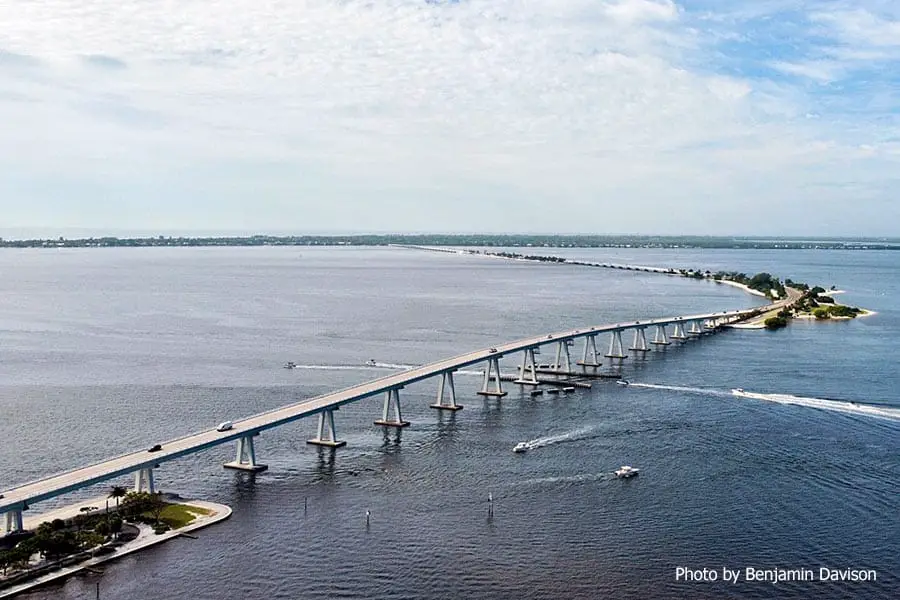 Aerial view of the Sanibel Causeway in Southwest Florida