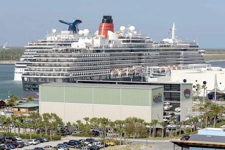 Overview of cruise ships and cruise terminal building at Port Canaveral