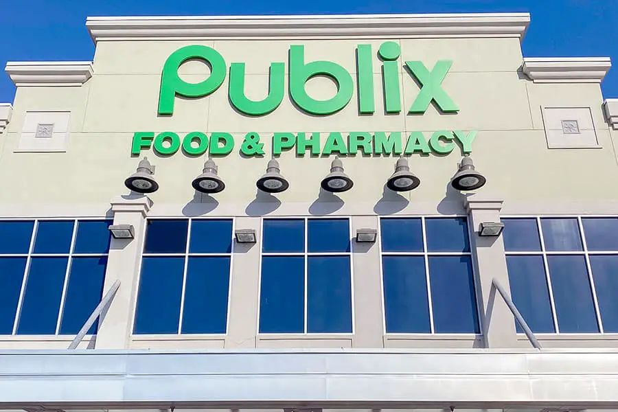 Green lettering on Publix grocery store wall, food & pharmacy