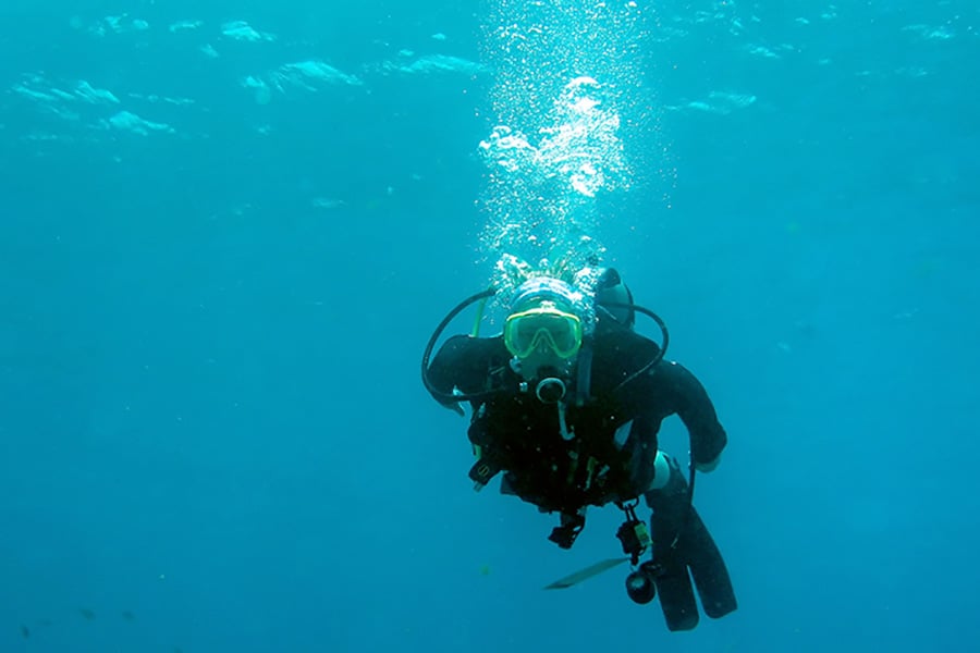 Scuba diver swimming down to explore a coral reef