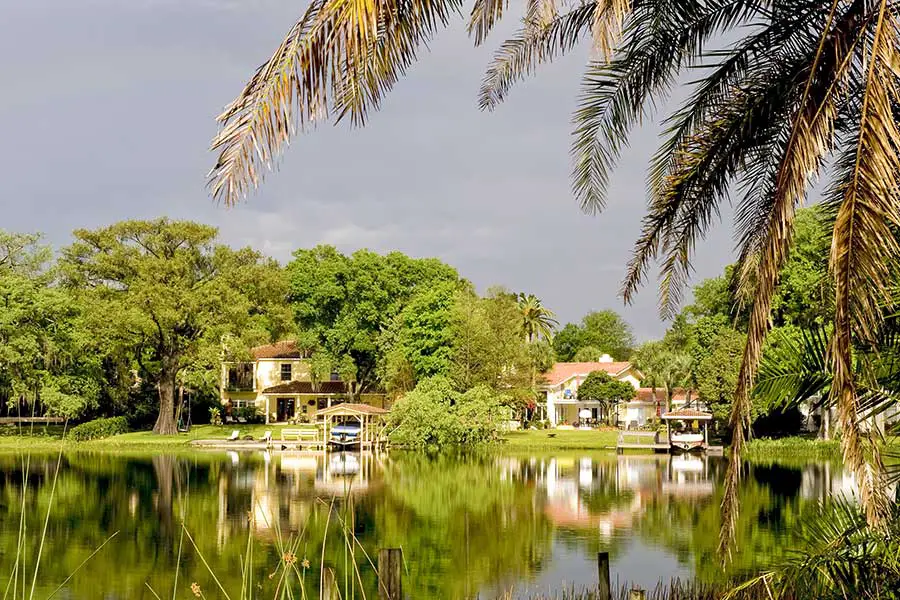 Water front homes surrounded by lush green trees