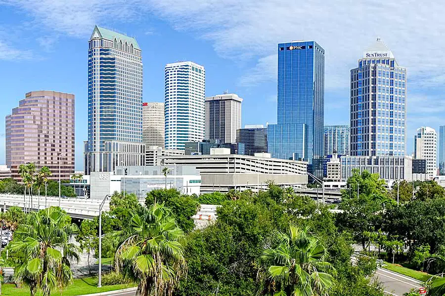 Lush green trees line highway with Tampa skyline in background