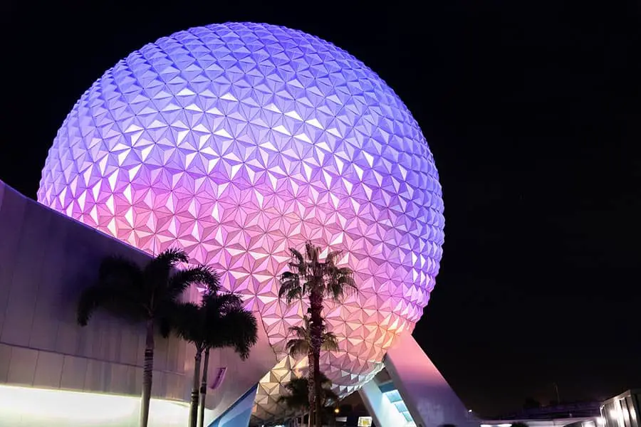 Epcot's Spaceship Earth Geosphere lit up at night