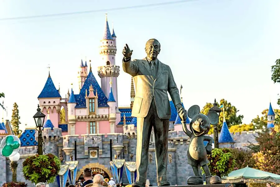 Copper statue of Walt Disney holding the hand of Mickey Mouse
