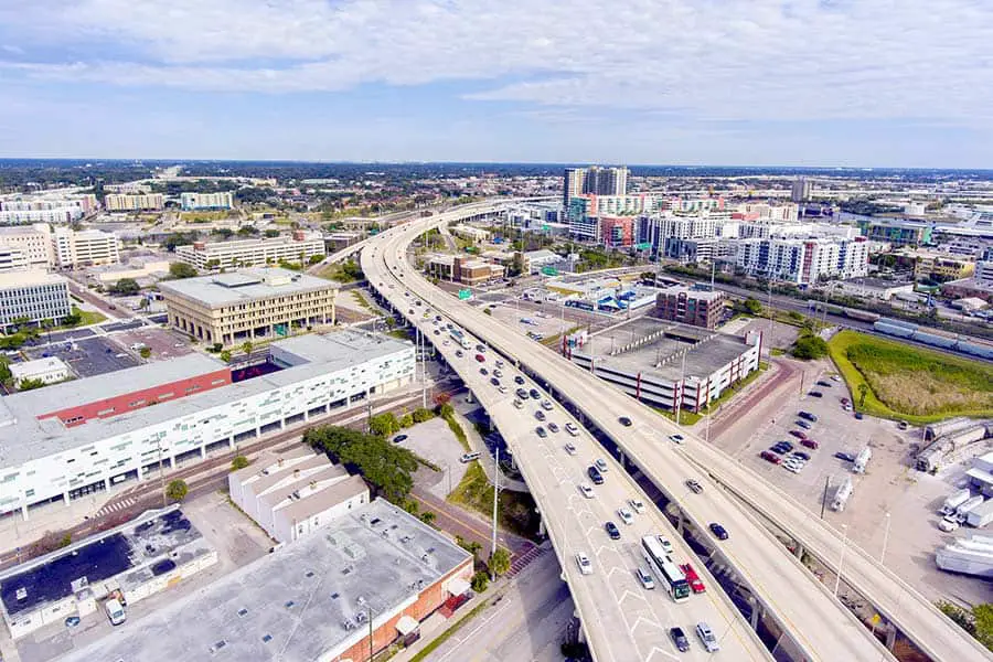 Aerial view of Tampa, Florida and city traffic on highway