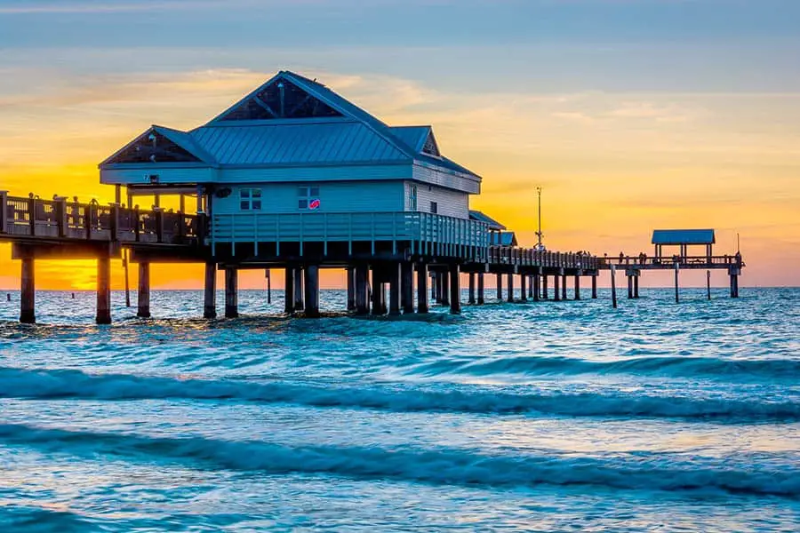 Clearwater Beach fishing pier, a popular gathering spot to watch the sunset