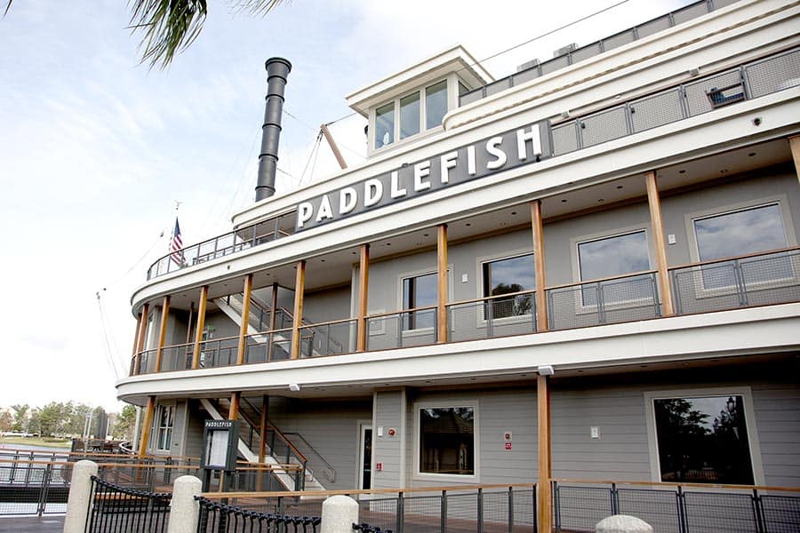 The Paddlefish is a restaurant located aboard a moored steamboat in Disney Springs