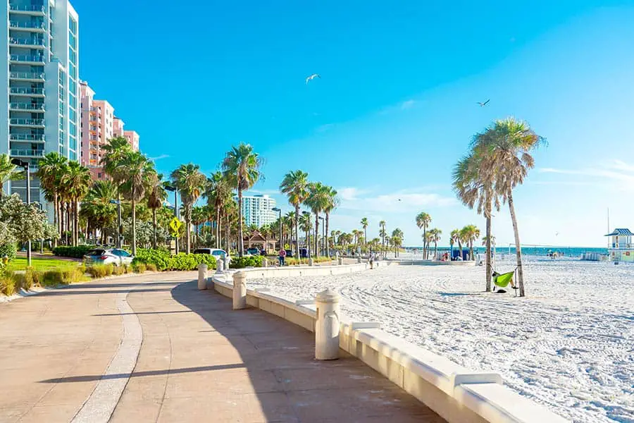 Powdery white sand at Clearwater Beach, hotels line the ocean front