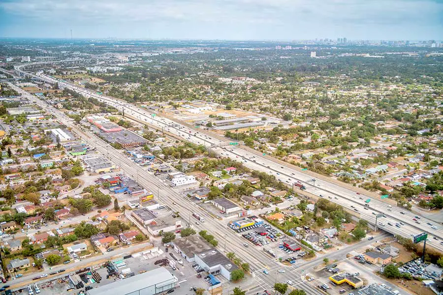 Birdseye view of Miami's highway and buildings