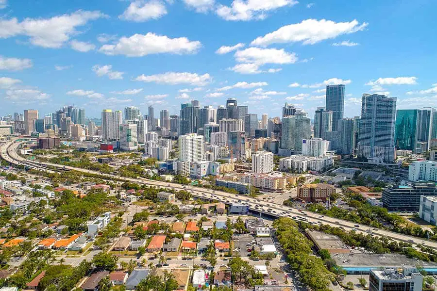 Aerial view of downtown Miami skyscrapers and housing