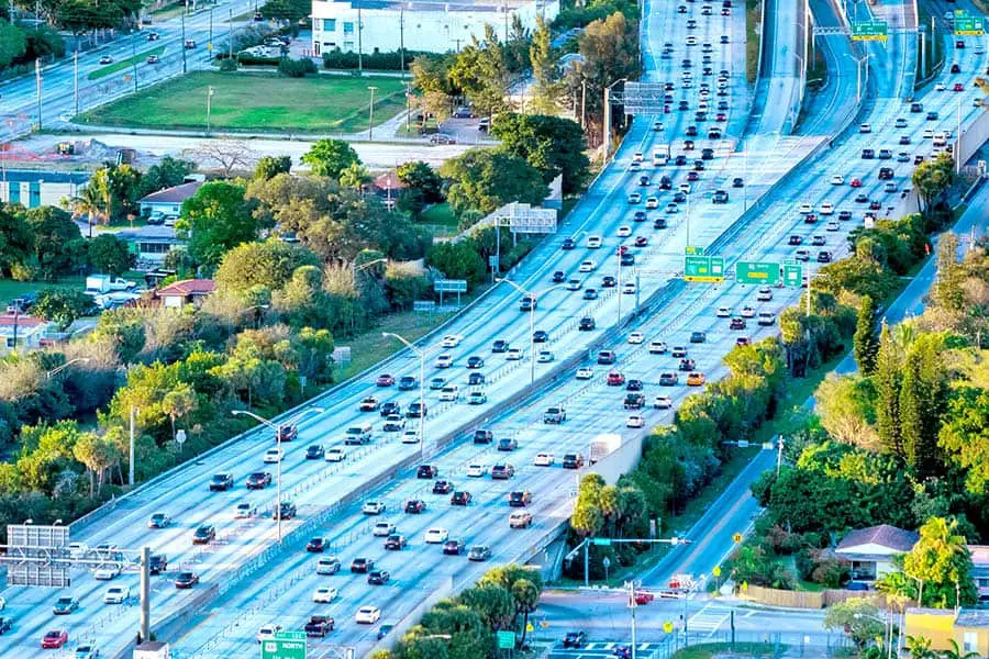 Heavy traffic at rush hour on highway in city