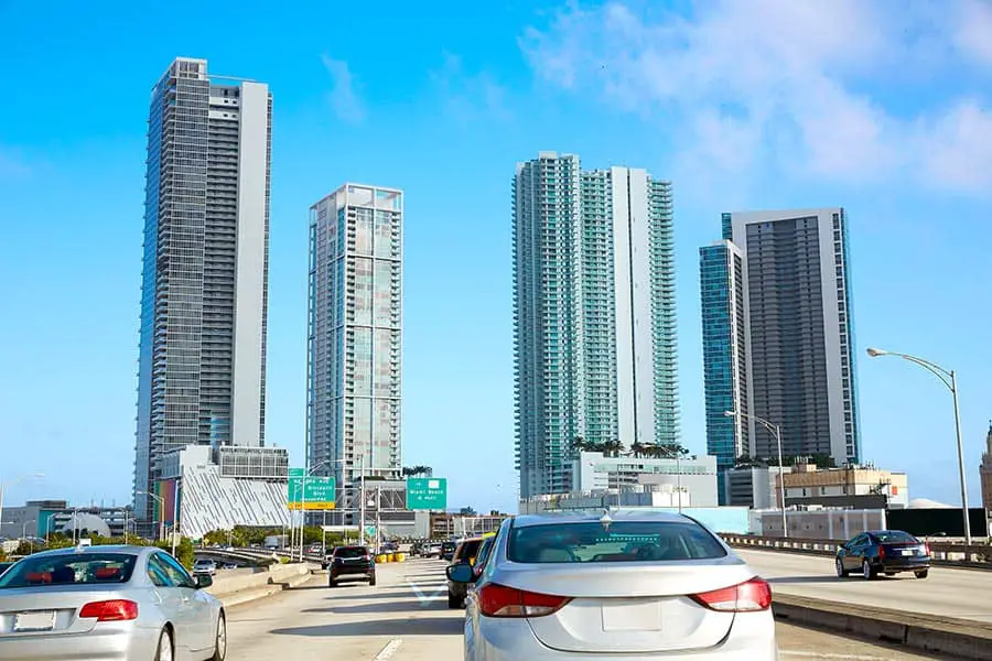 Traffic heading into Miami Beach, city skyscrapers just ahead
