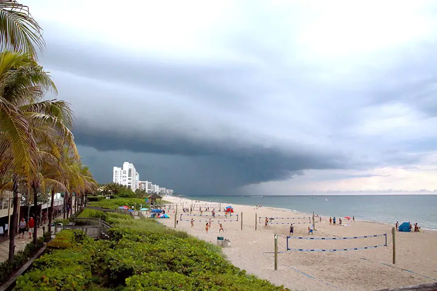 People on beach, dark storm clouds on the horizon threaten rain